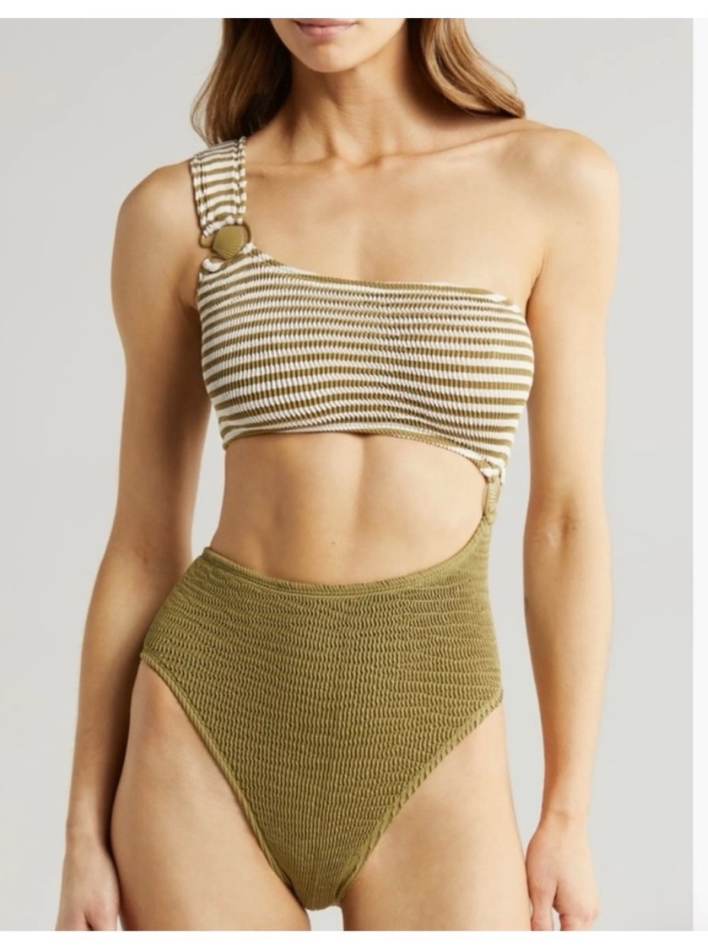 Olive Green One-Shoulder Textured One-Piece Swimsuit NWT